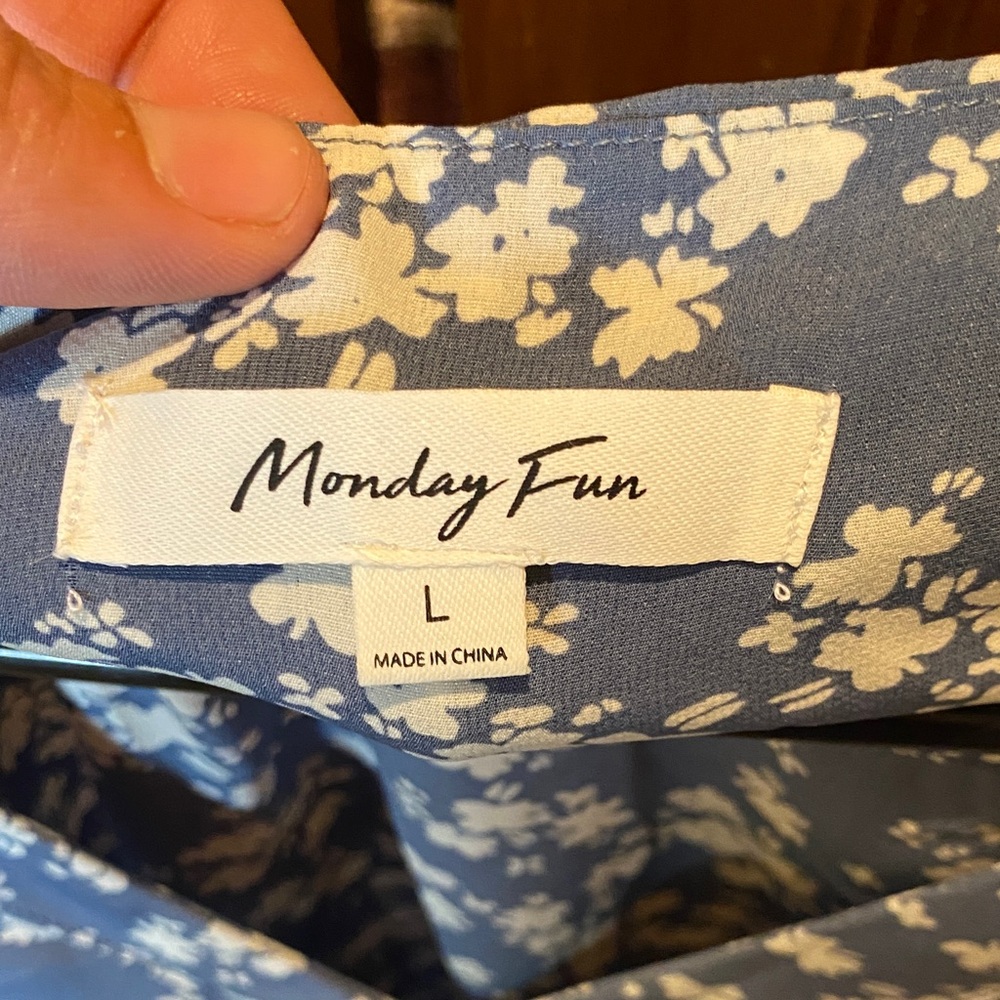 Floral V-Neck Blouse in Blue and White - Picture 2 of 2